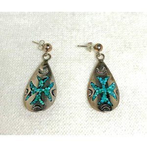 Signed Sterling Silver & Crushed Turquoise Mosaic Maltese Cross Earrings- 1 1/2"